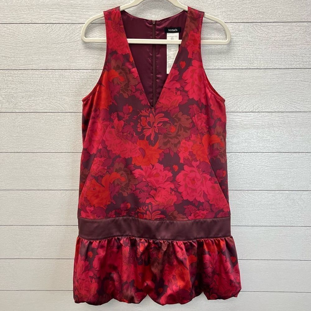 Max&Co Max Mara Satin Sleeveless A-Line Deep V NeckFloral Print Dress Balloon He